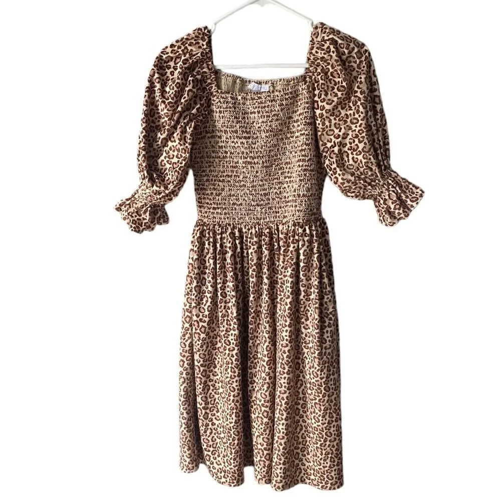 Ivy City Co. Wild One Smocked Boddice Leopard Print Puff Sleeve Velvet Dress